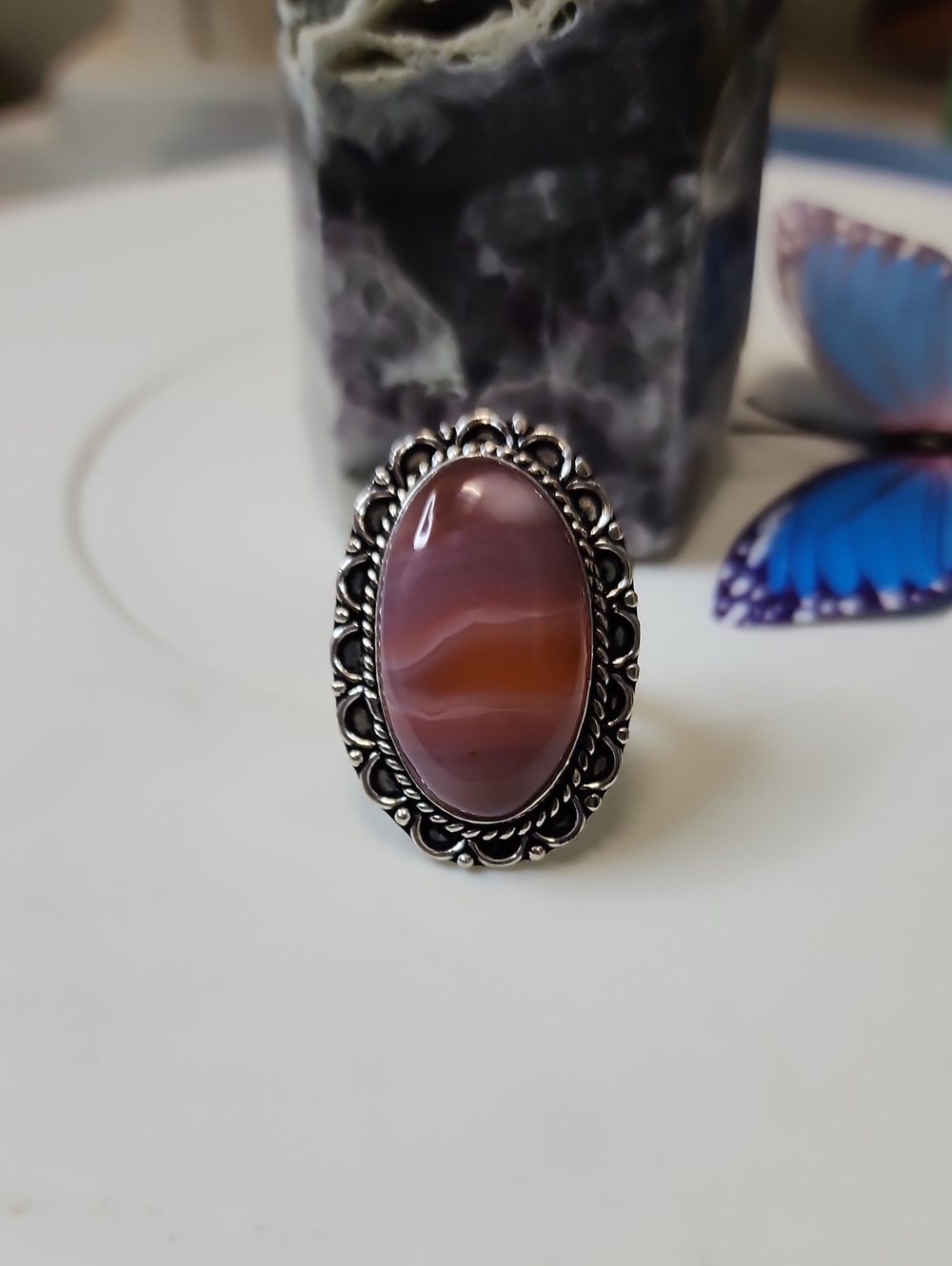 Pink Brown Agate Oval Statement Ring